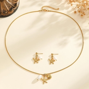 Schmuckset aus Edelstahl in Gold mit Seestern Muschel und Perlenanhängern für Damen