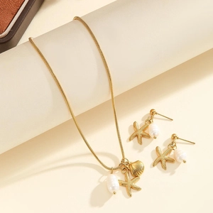 Goldenes Edelstahl-Schmuckset mit Seestern-Anhänger und Perlen im Ozean-Stil