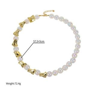 Detail view of iridescent beaded necklace with gold lava metal pieces and size specs