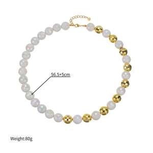 Detail view showing 56.5cm length and 80g weight of white iridescent beaded necklace