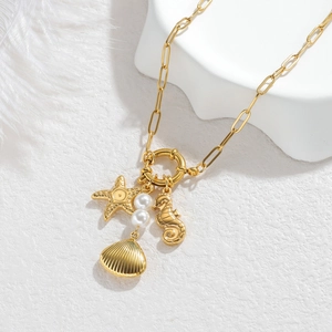 18k gold plated starfish seahorse necklace with pearls on stylish paperclip chain