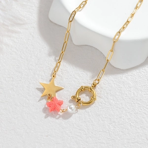 18k gold plated paperclip necklace with pink starfish charm and white pearl pendant