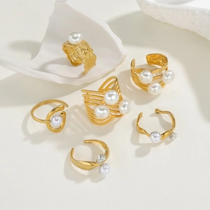 Ensemble de 6 bagues géométriques en acier inoxydable plaqué or 18 carats avec perles