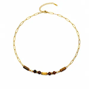 Vintage Bohemian Stainless Steel Paperclip Chain Necklace Bracelet With Brown Tiger Eye Stone For Women Jewelry Accessories