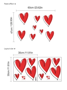 Detail view of heart wall decals showing layout size and 60x47cm paste effect on white