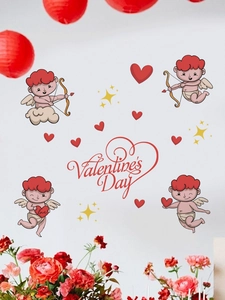 Valentine's Day wall sticker with cartoon Cupid and red hearts for home decoration