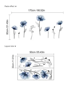 Tableau des tailles montrant le rendu 170x80cm et la planche 90x30cm des stickers fleurs