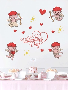 Close-up of Valentine's Day wall stickers with Cupid, red hearts, and stars for home decor