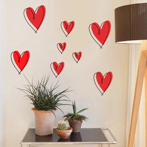 Red Heart Wall Stickers Set PVC Hand Drawn Art Style Valentine's Day Decor Removable Heart Mural For Bedroom Living Room