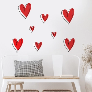 Minimalist red heart wall stickers with black line art for modern living room decor