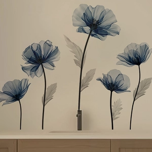 Stickers Muraux Pavot Art Rayon X Bleu Imperméable PVC Autocollant Décalcomanies Florales Pour Chambre Salon Salle de Bain