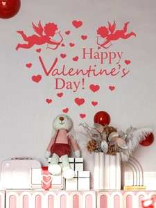 Detail of red Cupid and heart wall stickers with Happy Valentine's Day art on a white wall