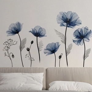 Stickers muraux coquelicots bleus à l'aquarelle pour décoration de mur de chambre à coucher