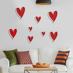 Red heart wall decals set in hand-drawn style for bedroom and living room decor