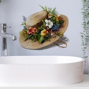 Floral straw hat wall sticker with vibrant flowers for bathroom and home decoration