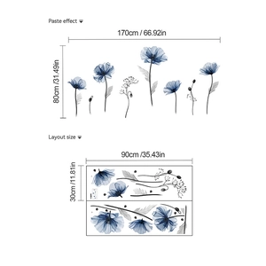 Sticker mural fleurs de pavot bleu style rayons X en PVC imperméable décoratif
