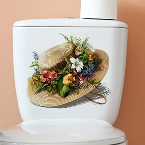 Floral straw hat toilet lid sticker with colorful blossoms for bathroom wall decor