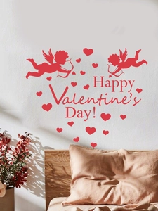 Detail of red Valentine's Day wall stickers featuring Cupids and Happy Valentine's Day text
