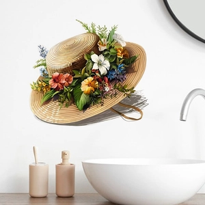 Detail of self-adhesive wall sticker featuring a floral sun hat design on a clean bathroom wall
