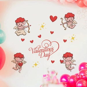 Valentine's Day window stickers featuring cartoon Cupids, red hearts, and golden stars