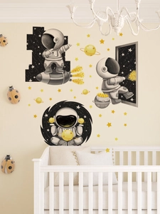 Detailed wall sticker set featuring cartoon astronauts, rockets and stars in nursery