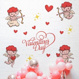 Cupid and heart stickers for Valentine's Day decor on white brick wall background