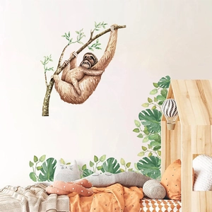 Sticker Mural Paresseux Aquarelle Mère Et Bébé Avec Feuilles Vertes Pour Chambre D'Enfant Bébé PVC Amovible Décalcomanie