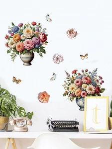 Retro oil painting style floral wall stickers with rose bouquet and butterfly detail