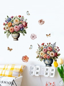 Detailed view of vintage oil painting style rose and butterfly PVC wall decals on white wall