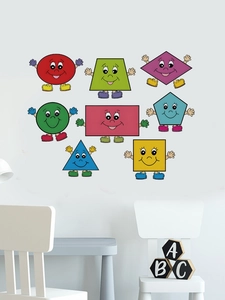 Detail of cartoon geometric wall stickers featuring educational shapes for kids bedrooms