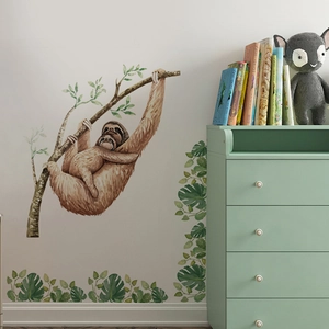 Stickers muraux paresseux mignon avec feuilles de monstera pour déco de chambre d'enfant