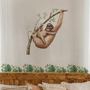 Stickers muraux paresseux aquarelle avec feuilles vertes pour chambre d'enfant