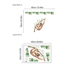 Stickers muraux paresseux avec feuilles vertes pour chambre d'enfant, planche 60x40cm