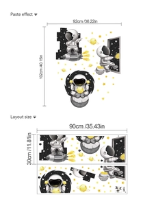 Detailed wall sticker layout and dimensions of cartoon astronaut and space rocket theme