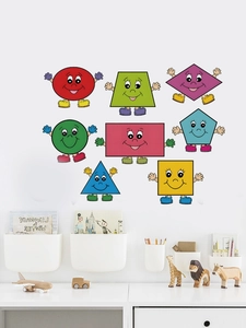 Detail view of 8 cute cartoon geometric PVC wall stickers on a clean nursery room wall