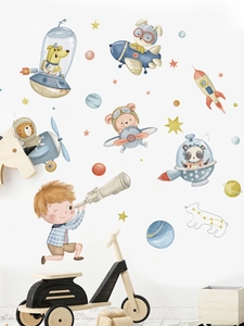 Detail of space-themed wall stickers featuring watercolor pilot animals and rockets