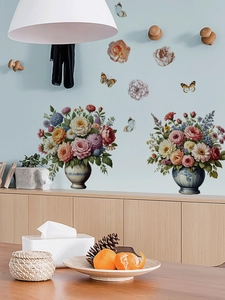 Detailed realistic rose bouquet wall decals with butterflies and vintage hand-painted textures
