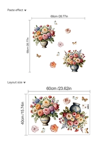 Detail showing vintage flower pot wall stickers with 68x68cm dimensions and layout