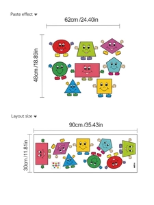 Detail view of cartoon geometric wall stickers with layout dimensions and paste effect