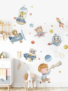 Nursery wall decals featuring cartoon animals in planes and rockets in Nordic style