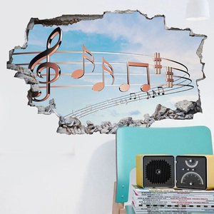 3D Wandtattoo Musiknoten mit Mauerdurchbruch-Effekt und blauem Himmel Motiv