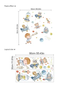 Cartoon astronaut wall sticker size chart with layout and finished paste dimensions