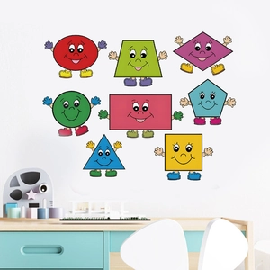 Cartoon geometric shape wall stickers with cute faces for kids bedroom decor