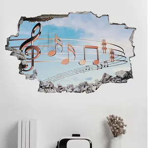 Detail eines 3D Wandtattoos mit Mauerdurchbruch, Musiknoten und blauem Himmel