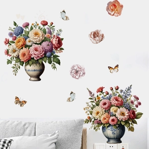 Romantic rose bouquet wall stickers with butterflies and floral vases for bedroom decoration