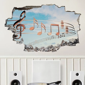 3D-Musiknoten Wandtattoo mit blauem Himmel und metallischen Bronze-Notensymbolen