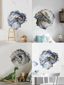 Detail der 3D-Dinosaurier-Wandsticker mit lebendigem PVC-Material und Risseffekt an der Wand