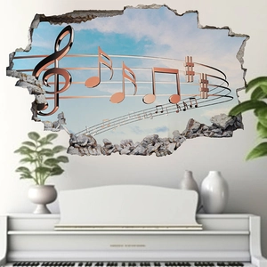 3D Wandaufkleber mit Musiknoten in Roségold über einem weißen Klavier Dekor