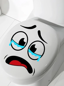 Detail of waterproof PVC toilet lid sticker featuring a funny crying face expression