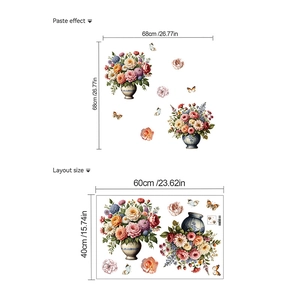 Romantic rose bouquet and butterfly wall stickers in oil painting style for home decor